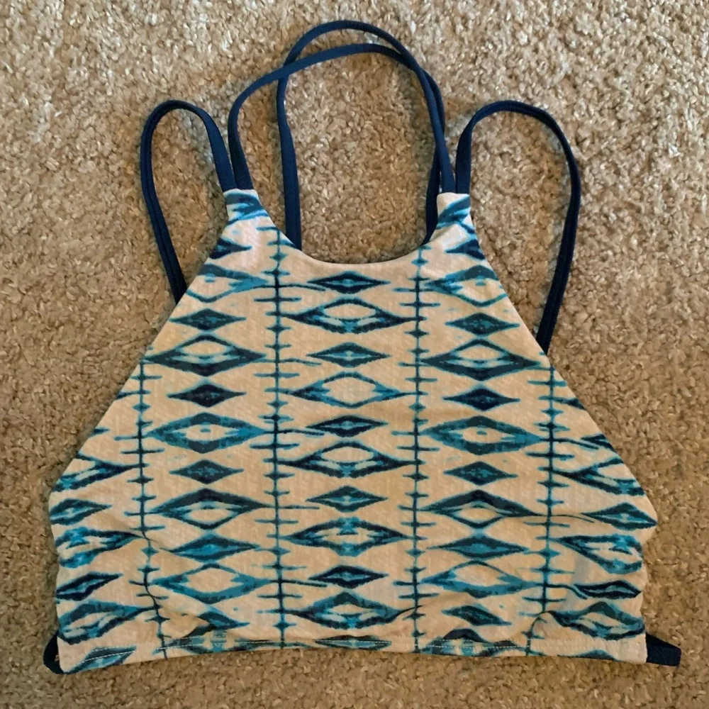 Frankies Bikinis Medley Shibori Tie Dye High Neck Navy/White Strappy Top Size S - Picture 5 of 8